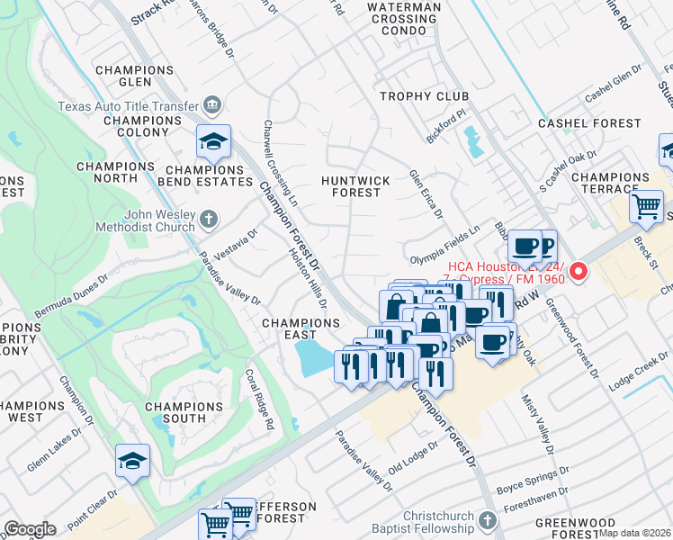 map of restaurants, bars, coffee shops, grocery stores, and more near 13343 Balmore Circle in Houston
