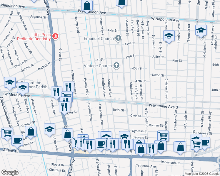 map of restaurants, bars, coffee shops, grocery stores, and more near 1029 Manson Avenue in Metairie