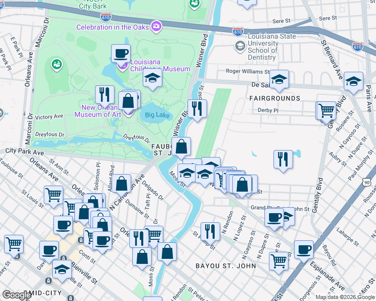 map of restaurants, bars, coffee shops, grocery stores, and more near in New Orleans