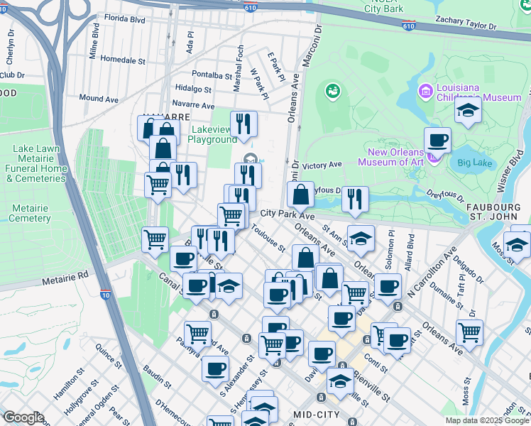 map of restaurants, bars, coffee shops, grocery stores, and more near 4724 Saint Peter Street in New Orleans