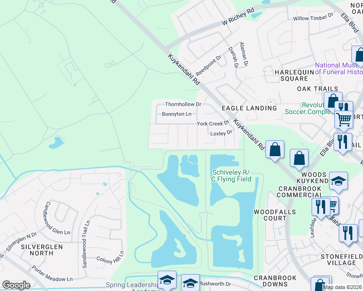 map of restaurants, bars, coffee shops, grocery stores, and more near 13902 Crestbourne Court in Houston