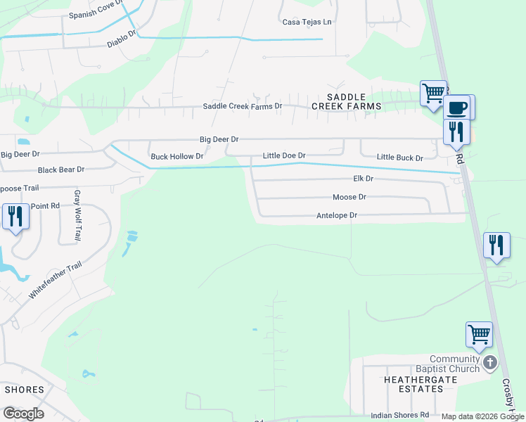 map of restaurants, bars, coffee shops, grocery stores, and more near 722 Antelope Drive in Crosby