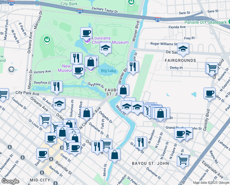 map of restaurants, bars, coffee shops, grocery stores, and more near Esplanade Avenue in New Orleans