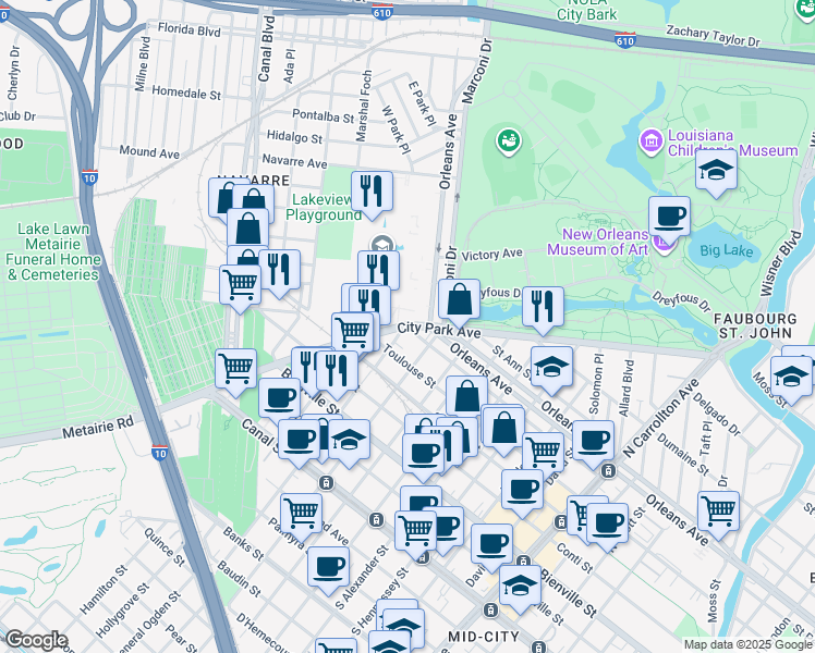 map of restaurants, bars, coffee shops, grocery stores, and more near 4840 Saint Peter Street in New Orleans