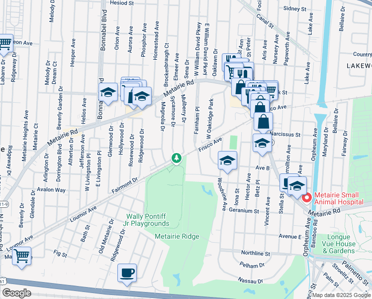 map of restaurants, bars, coffee shops, grocery stores, and more near 223 Sycamore Drive in Metairie