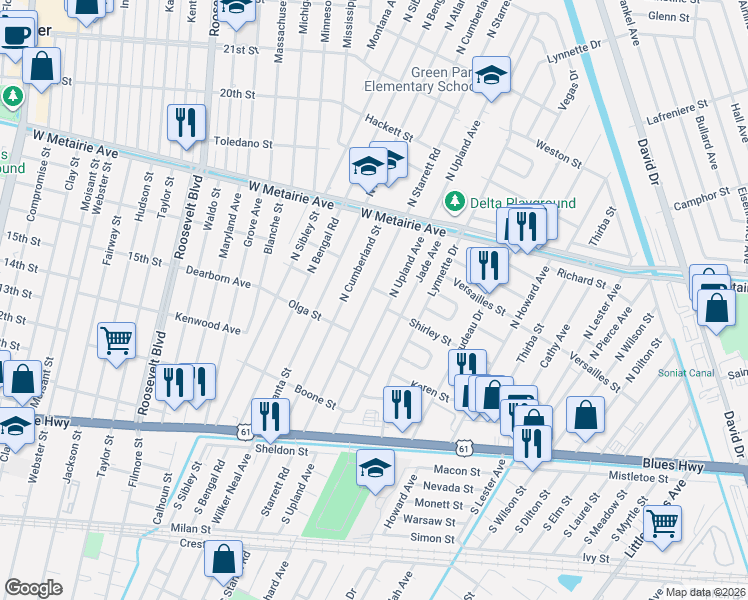 map of restaurants, bars, coffee shops, grocery stores, and more near 528 North Upland Avenue in Metairie