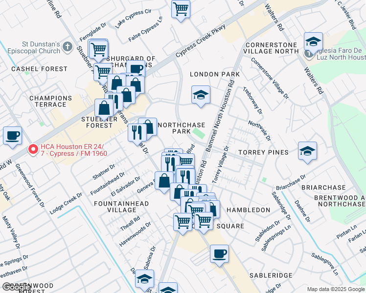 map of restaurants, bars, coffee shops, grocery stores, and more near 14267 Sylvanfield Drive in Houston