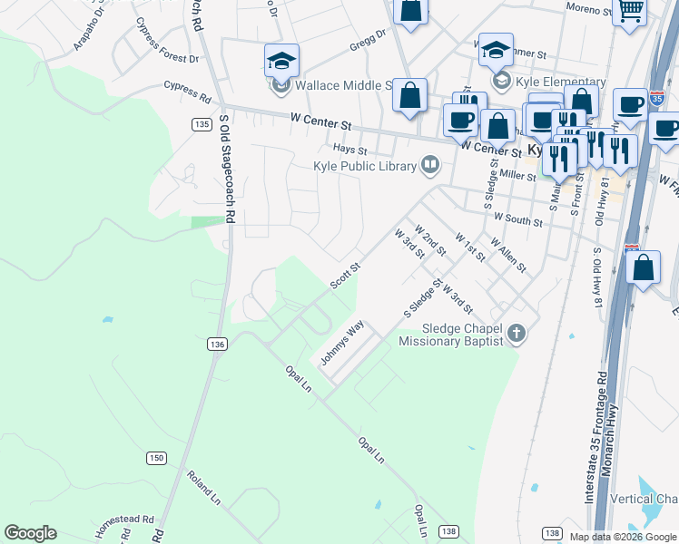 map of restaurants, bars, coffee shops, grocery stores, and more near 101 Park Place in Kyle