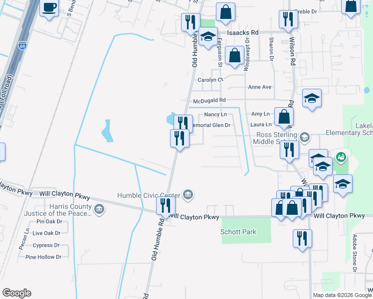 map of restaurants, bars, coffee shops, grocery stores, and more near 1215 South Houston Avenue in Humble