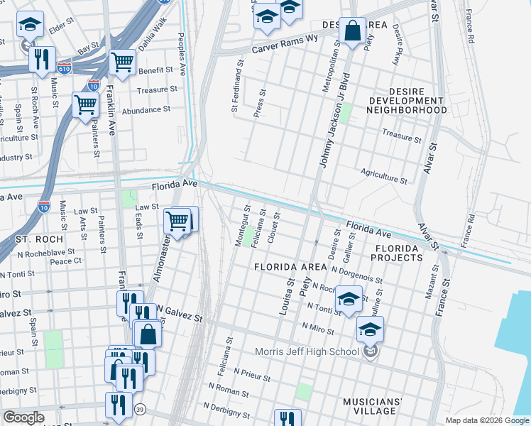map of restaurants, bars, coffee shops, grocery stores, and more near 3025 Law Street in New Orleans