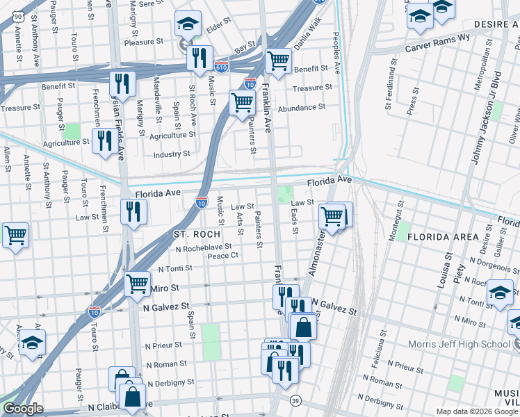 map of restaurants, bars, coffee shops, grocery stores, and more near 2715 North Dorgenois Street in New Orleans