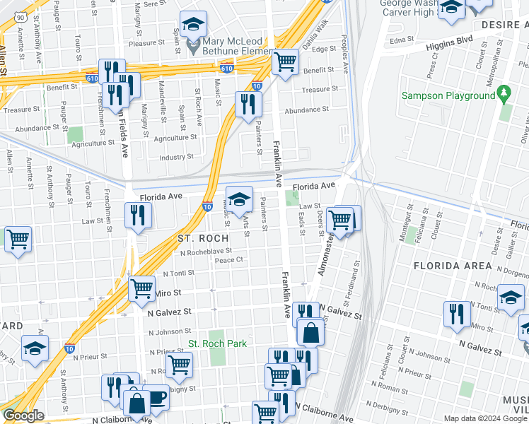 map of restaurants, bars, coffee shops, grocery stores, and more near 2715 North Dorgenois Street in New Orleans