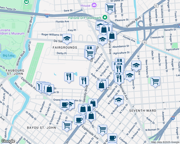 map of restaurants, bars, coffee shops, grocery stores, and more near 1726 Gentilly Boulevard in New Orleans