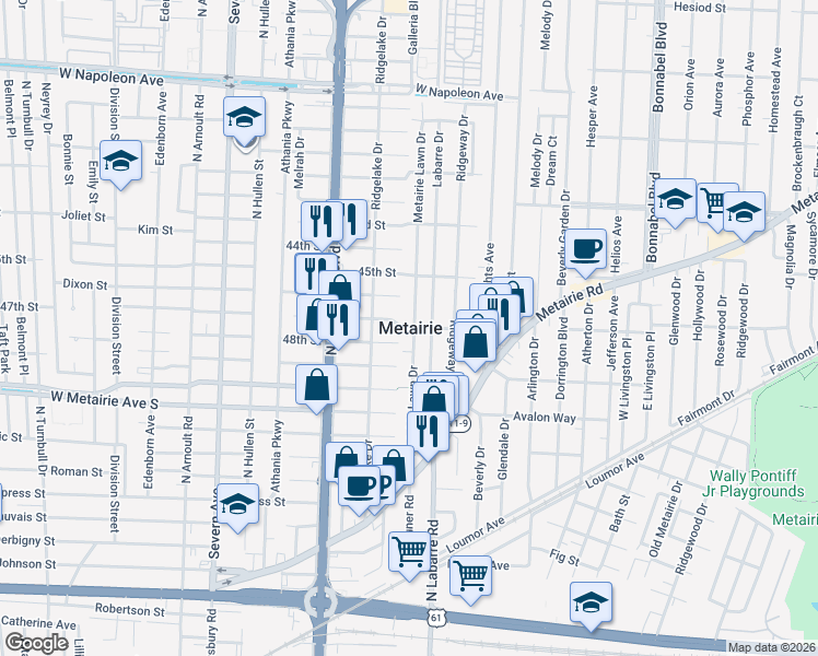 map of restaurants, bars, coffee shops, grocery stores, and more near 6532 Park Manor Drive in Metairie