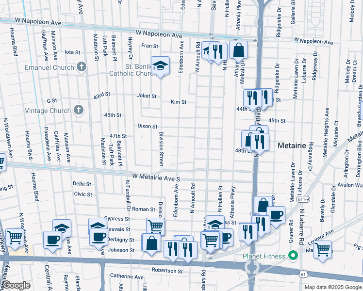 map of restaurants, bars, coffee shops, grocery stores, and more near 3614 East Bode Parkway in Metairie