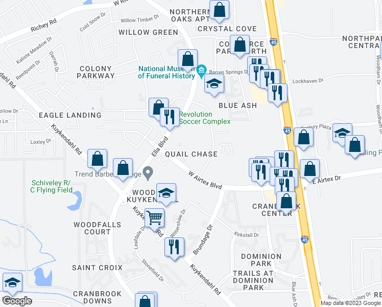 map of restaurants, bars, coffee shops, grocery stores, and more near 31 West Airtex Boulevard in Houston