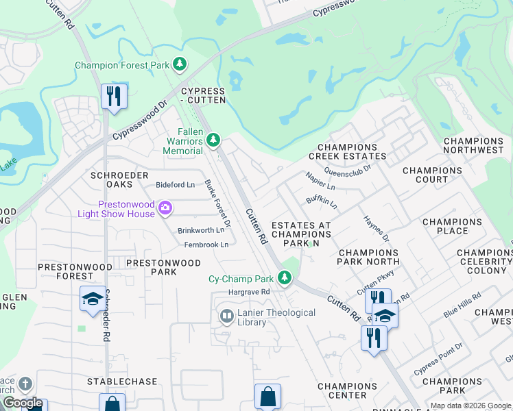 map of restaurants, bars, coffee shops, grocery stores, and more near 7123 Mohave Hills in Houston