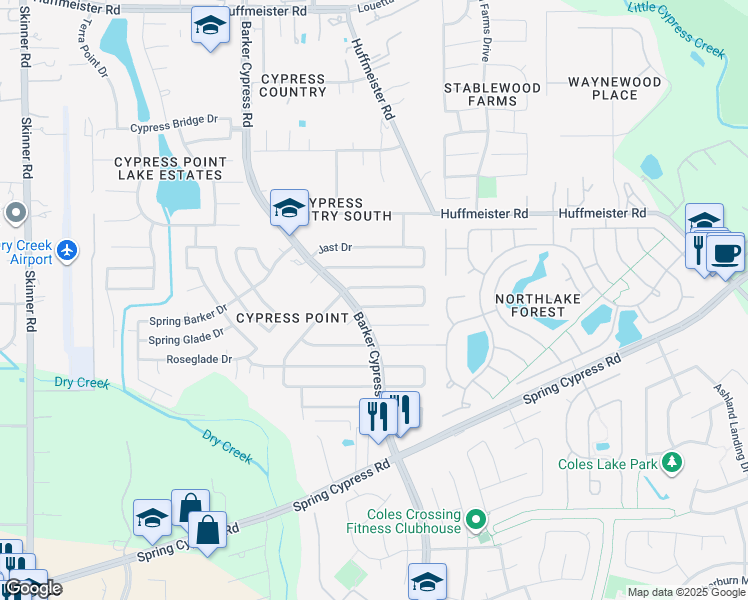 map of restaurants, bars, coffee shops, grocery stores, and more near 16223 Hilton Head Lane in Cypress