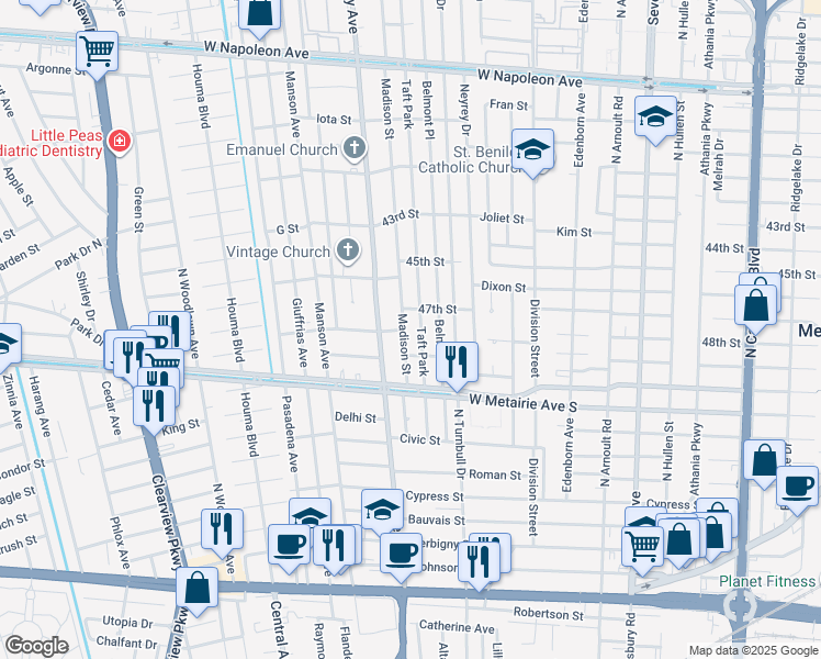 map of restaurants, bars, coffee shops, grocery stores, and more near 1001 Madison Street in Metairie