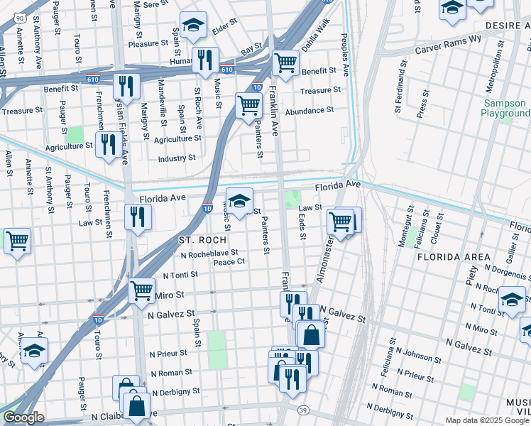 map of restaurants, bars, coffee shops, grocery stores, and more near 2715 North Dorgenois Street in New Orleans