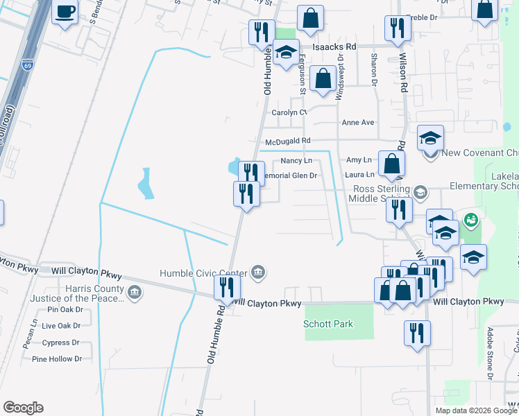 map of restaurants, bars, coffee shops, grocery stores, and more near 1323 Brenda Lane in Humble
