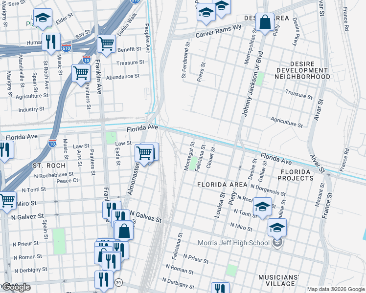 map of restaurants, bars, coffee shops, grocery stores, and more near 2964 Law Street in New Orleans