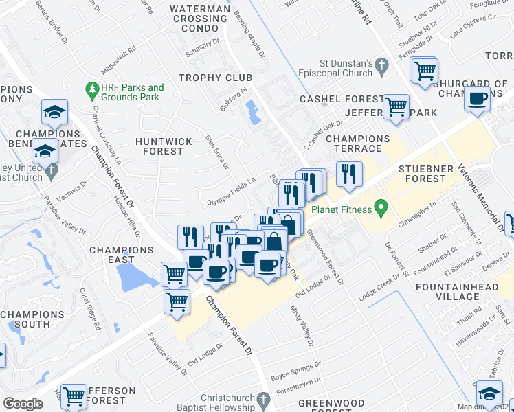 map of restaurants, bars, coffee shops, grocery stores, and more near 13222 Glen Erica Drive in Houston