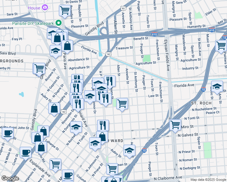 map of restaurants, bars, coffee shops, grocery stores, and more near 1975 Law Street in New Orleans