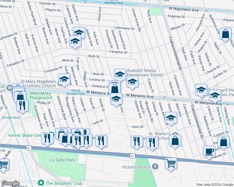 map of restaurants, bars, coffee shops, grocery stores, and more near 911 Elise Avenue in Metairie