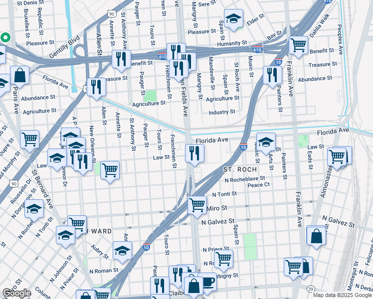 map of restaurants, bars, coffee shops, grocery stores, and more near 2538 Elysian Fields Avenue in New Orleans