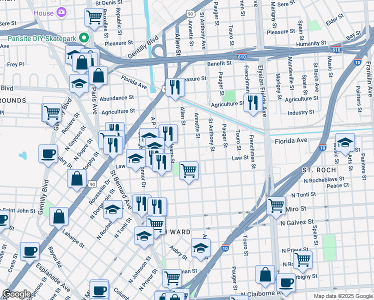 map of restaurants, bars, coffee shops, grocery stores, and more near 2017 Law Street in New Orleans