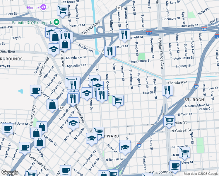 map of restaurants, bars, coffee shops, grocery stores, and more near 1975 Law Street in New Orleans