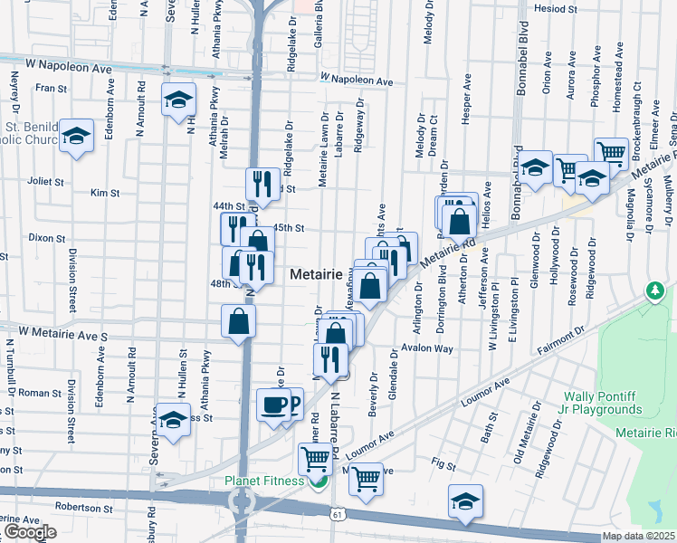 map of restaurants, bars, coffee shops, grocery stores, and more near 142 Ridgeway Drive in Metairie