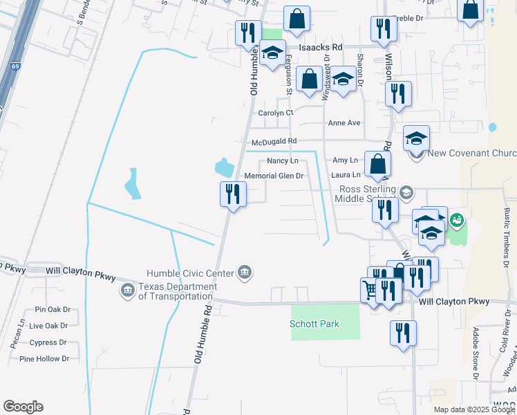 map of restaurants, bars, coffee shops, grocery stores, and more near 1103 Rebecca Lane in Humble