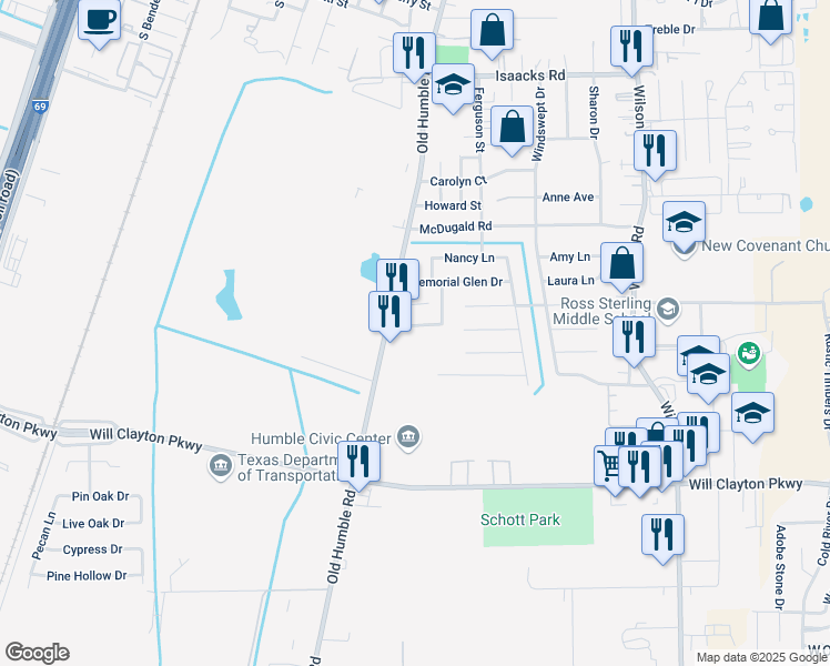 map of restaurants, bars, coffee shops, grocery stores, and more near 1215 South Houston Avenue in Humble