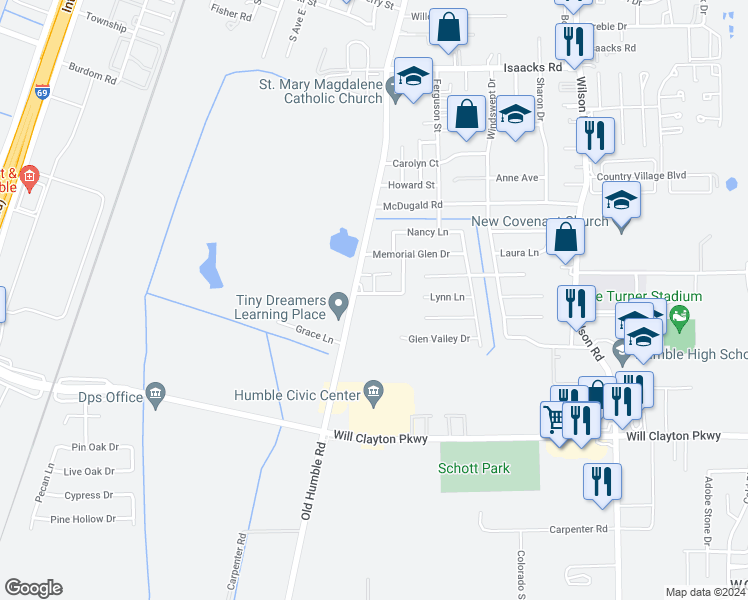 map of restaurants, bars, coffee shops, grocery stores, and more near 1215 South Houston Avenue in Humble