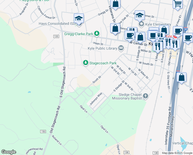 map of restaurants, bars, coffee shops, grocery stores, and more near 101 Park Place in Kyle