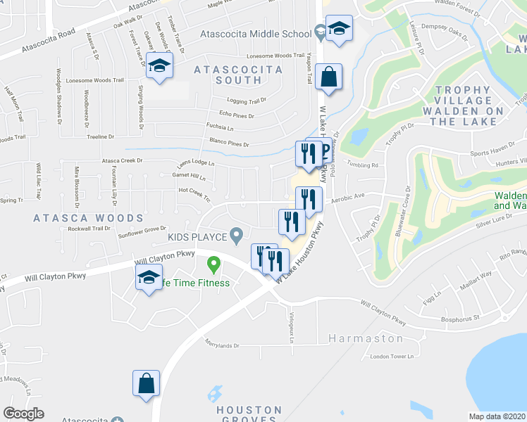 map of restaurants, bars, coffee shops, grocery stores, and more near 18326 Atasca Woods Trace in Humble