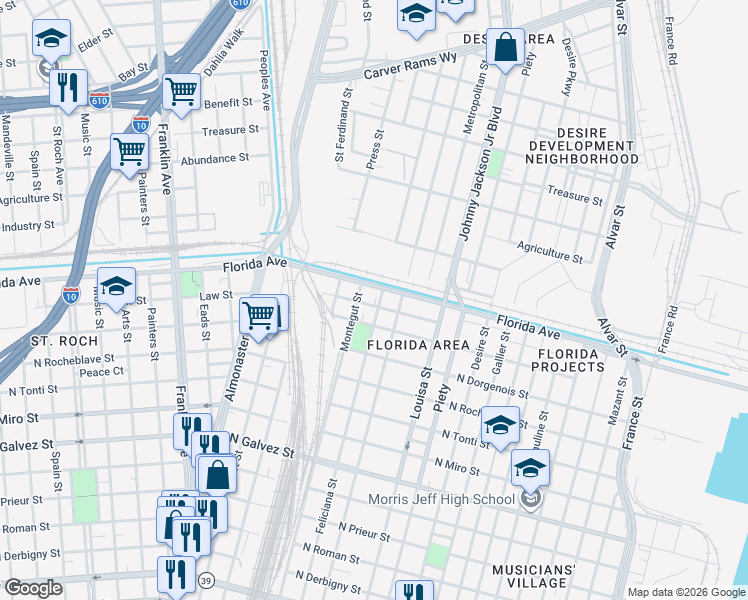 map of restaurants, bars, coffee shops, grocery stores, and more near 3025 Law Street in New Orleans