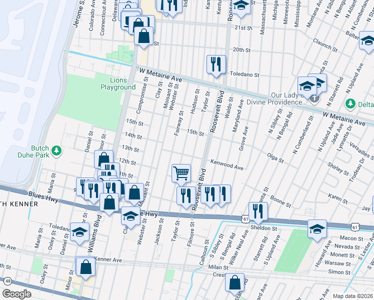 map of restaurants, bars, coffee shops, grocery stores, and more near 1421 Taylor Street in Kenner