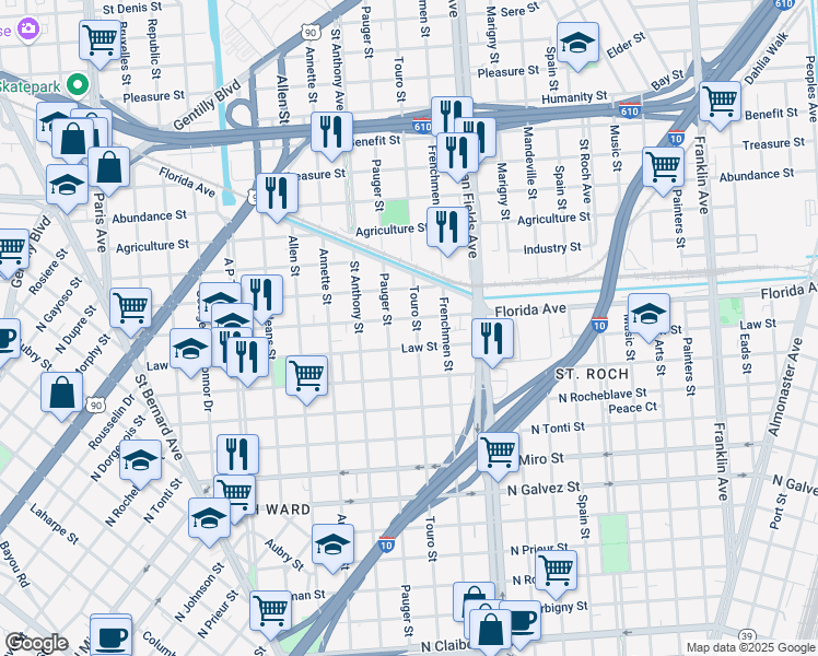 map of restaurants, bars, coffee shops, grocery stores, and more near 3411 Pauger Street in New Orleans