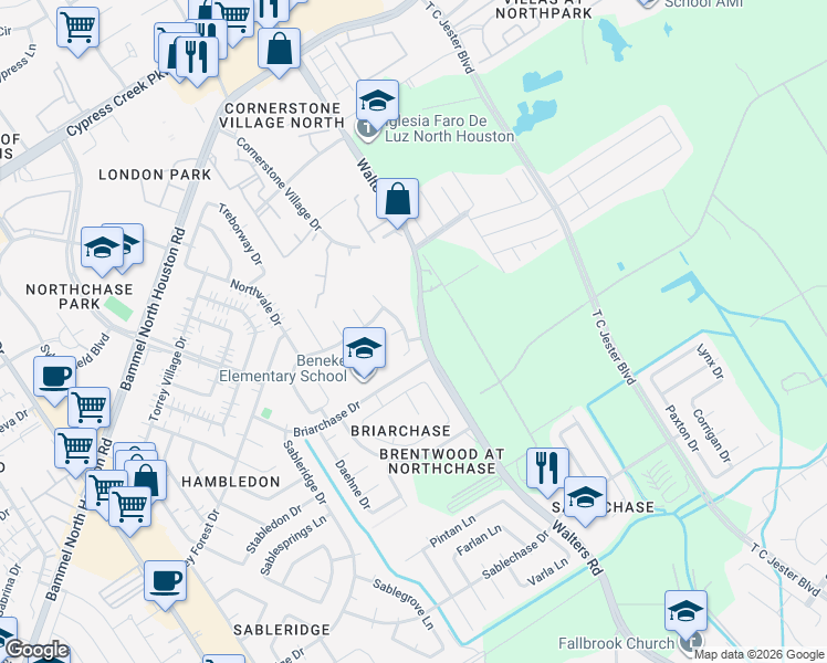 map of restaurants, bars, coffee shops, grocery stores, and more near 13938 Bentpath Drive in Houston