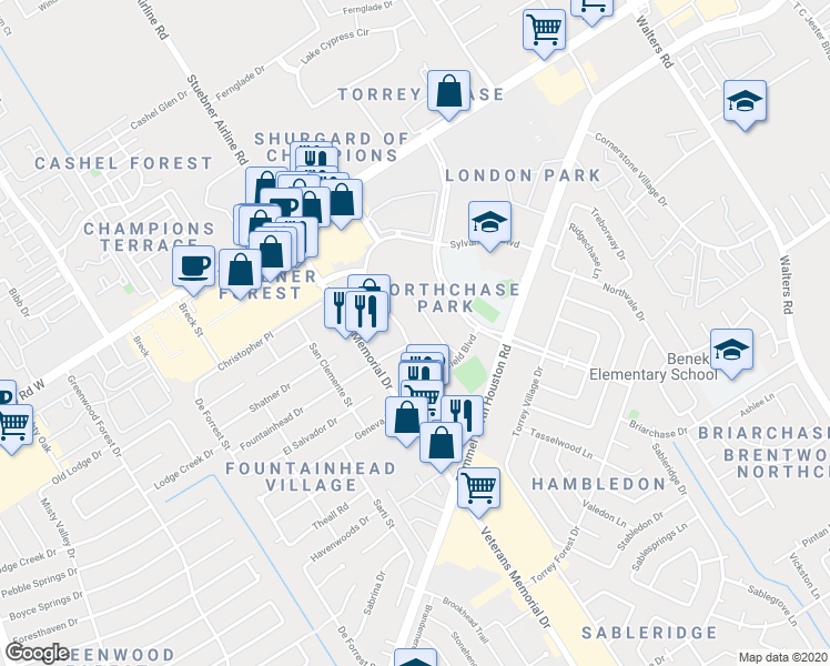 map of restaurants, bars, coffee shops, grocery stores, and more near 14420 Sylvanfield Boulevard in Houston