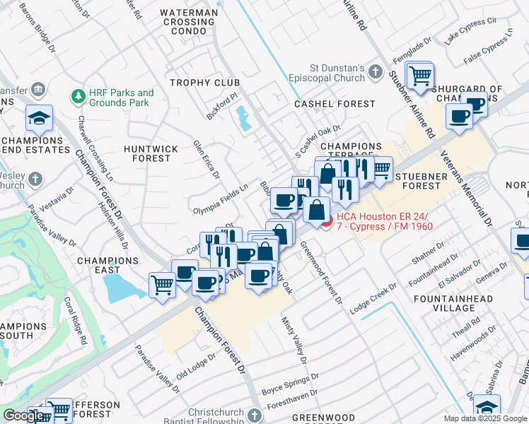 map of restaurants, bars, coffee shops, grocery stores, and more near 17 Bibb Drive in Houston