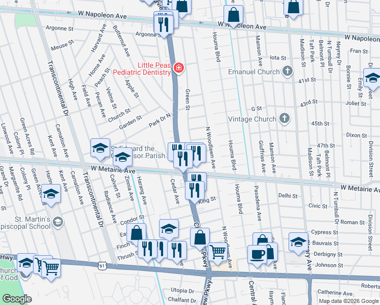 map of restaurants, bars, coffee shops, grocery stores, and more near 1116 Green Street in Metairie