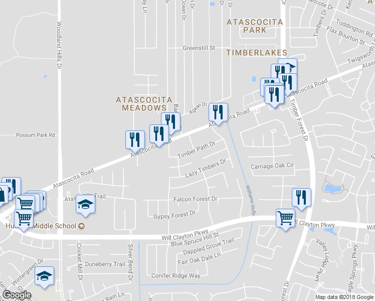 map of restaurants, bars, coffee shops, grocery stores, and more near 4842 Timber Path Drive in Humble