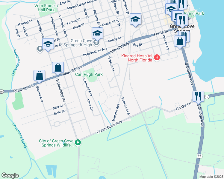 map of restaurants, bars, coffee shops, grocery stores, and more near 458 Jeri Drive in Green Cove Springs