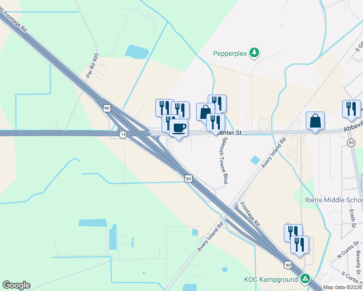 map of restaurants, bars, coffee shops, grocery stores, and more near 2785-2915 Highway 14 East in New Iberia