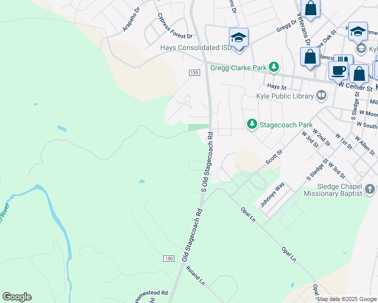 map of restaurants, bars, coffee shops, grocery stores, and more near 706 Old Stagecoach Road in Kyle