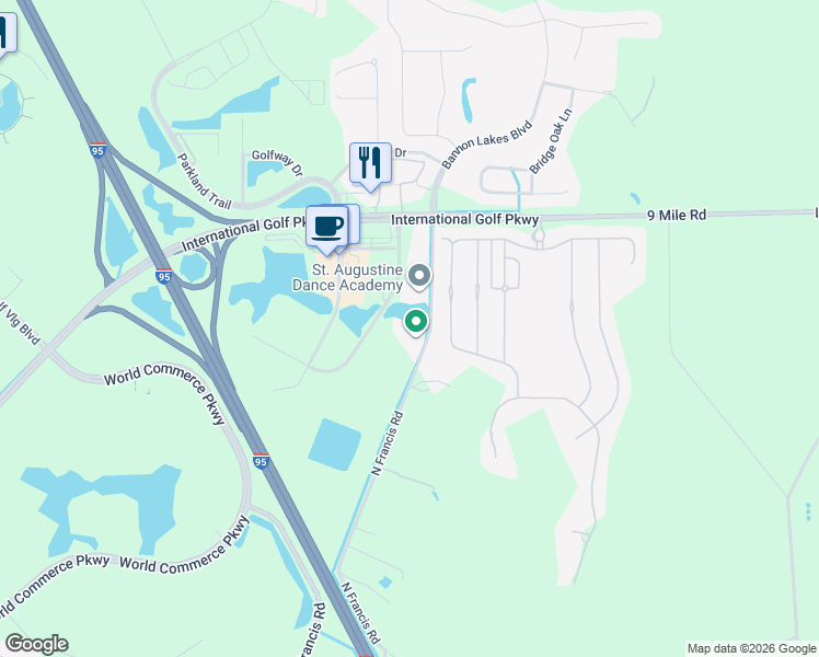 map of restaurants, bars, coffee shops, grocery stores, and more near 312 Commerce Lake Drive in St. Augustine